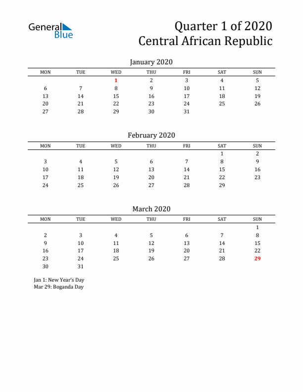 Quarter 1 2020 Central African Republic Quarterly Calendar