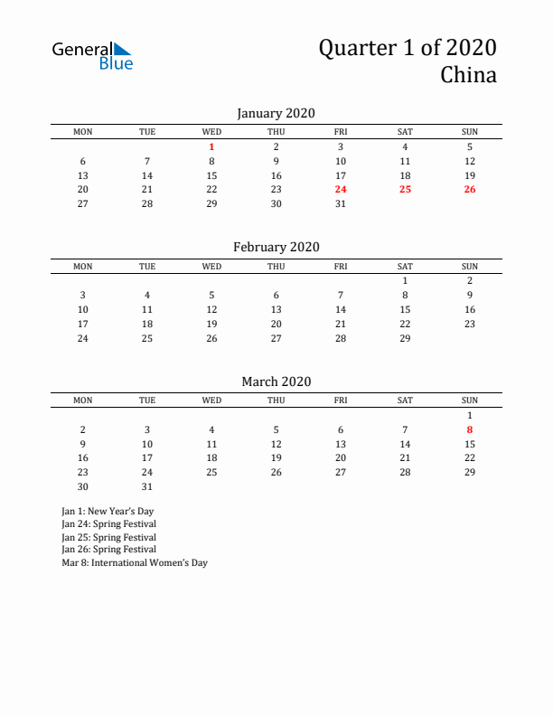 Quarter 1 2020 China Quarterly Calendar