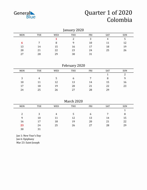 Quarter 1 2020 Colombia Quarterly Calendar