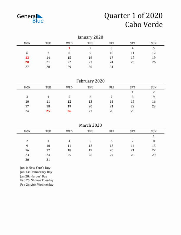 Quarter 1 2020 Cabo Verde Quarterly Calendar