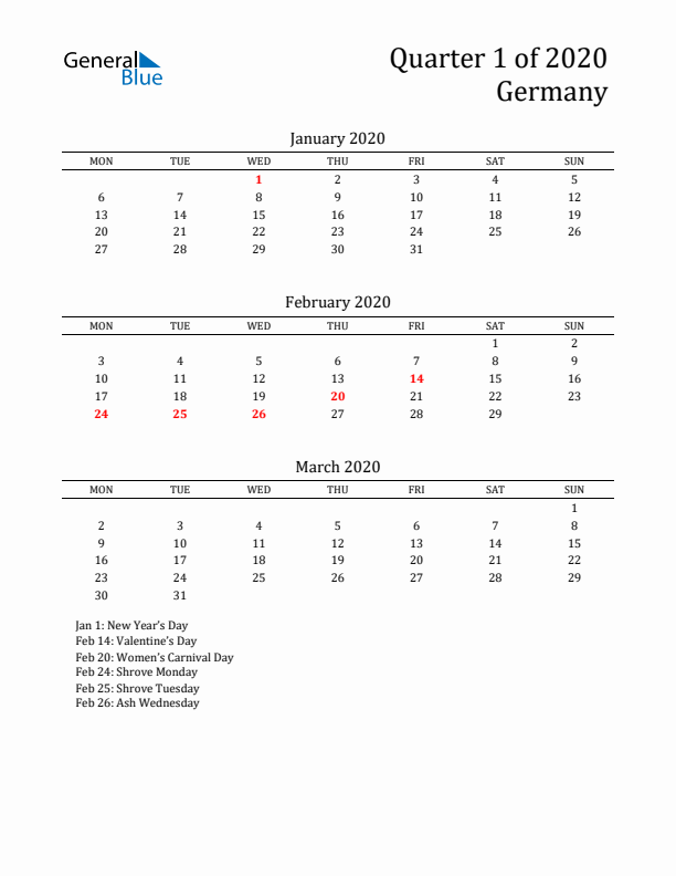 Quarter 1 2020 Germany Quarterly Calendar