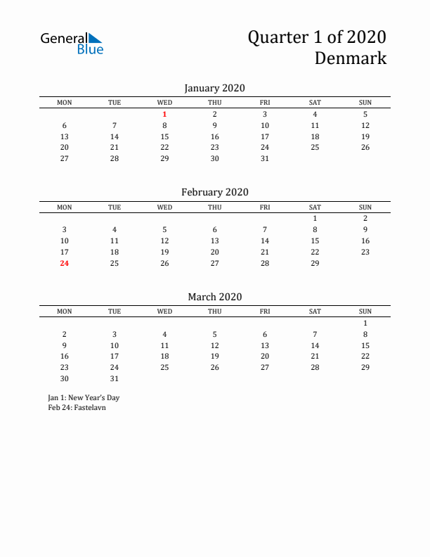 Quarter 1 2020 Denmark Quarterly Calendar