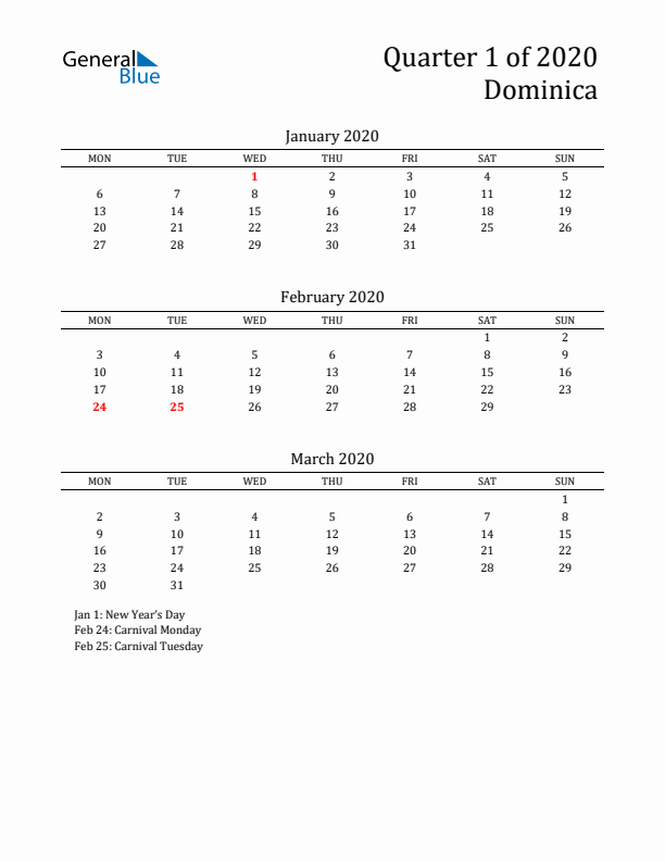 Quarter 1 2020 Dominica Quarterly Calendar