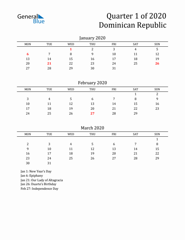 Quarter 1 2020 Dominican Republic Quarterly Calendar