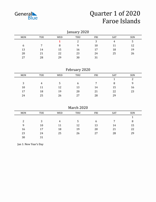 Quarter 1 2020 Faroe Islands Quarterly Calendar