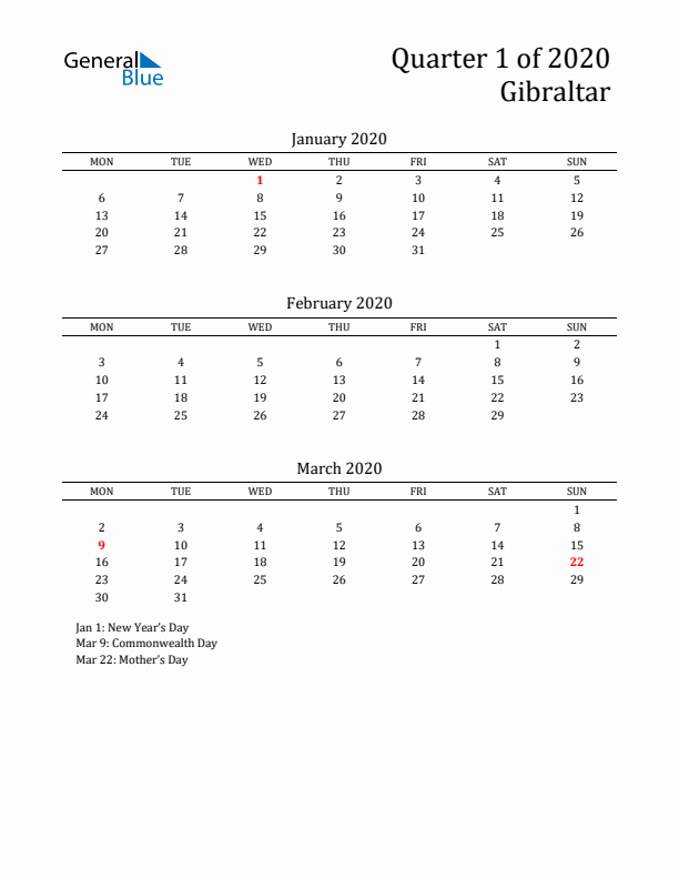 Quarter 1 2020 Gibraltar Quarterly Calendar