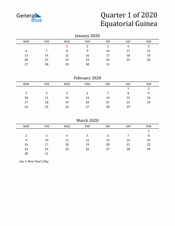 Quarter 1 2020 Equatorial Guinea Quarterly Calendar