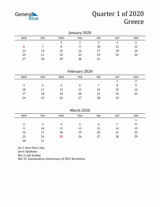 Quarter 1 2020 Greece Quarterly Calendar