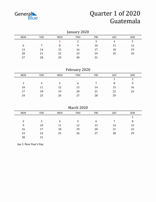 Quarter 1 2020 Guatemala Quarterly Calendar