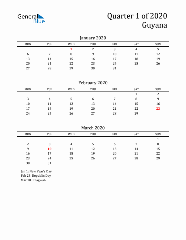 Quarter 1 2020 Guyana Quarterly Calendar