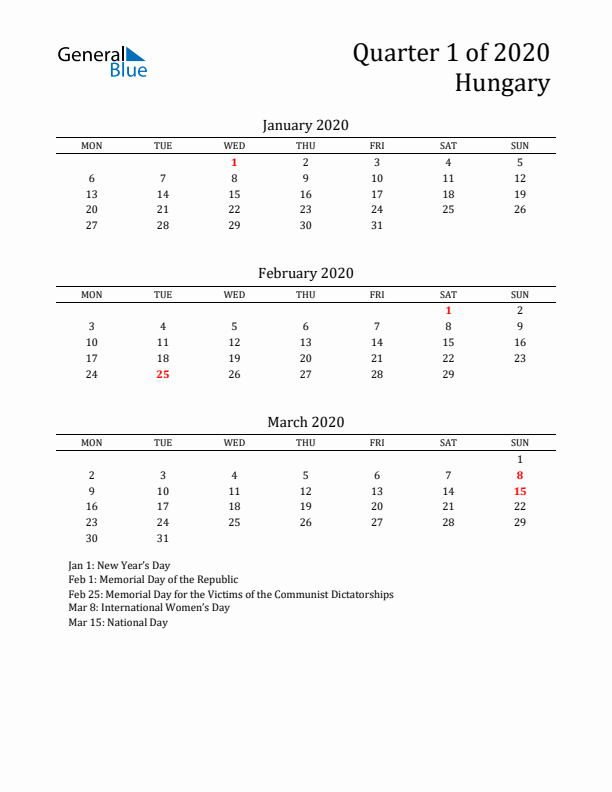 Quarter 1 2020 Hungary Quarterly Calendar