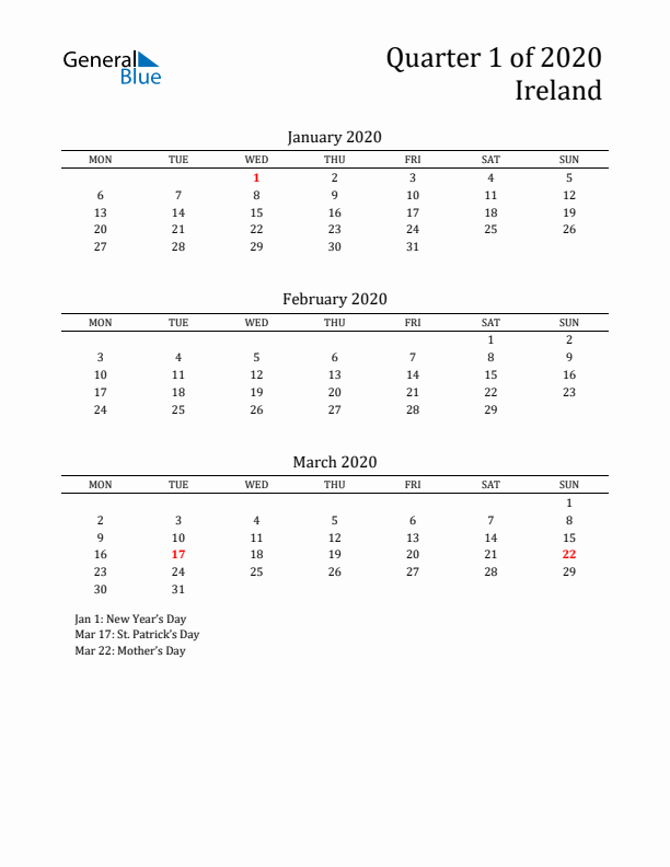 Quarter 1 2020 Ireland Quarterly Calendar