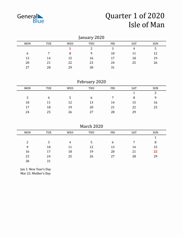 Quarter 1 2020 Isle of Man Quarterly Calendar