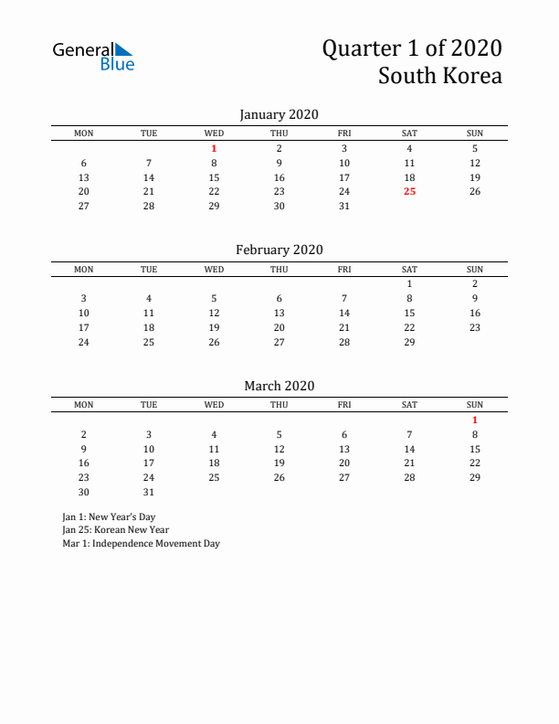 Quarter 1 2020 South Korea Quarterly Calendar