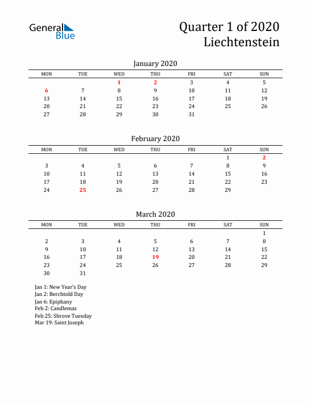 Quarter 1 2020 Liechtenstein Quarterly Calendar