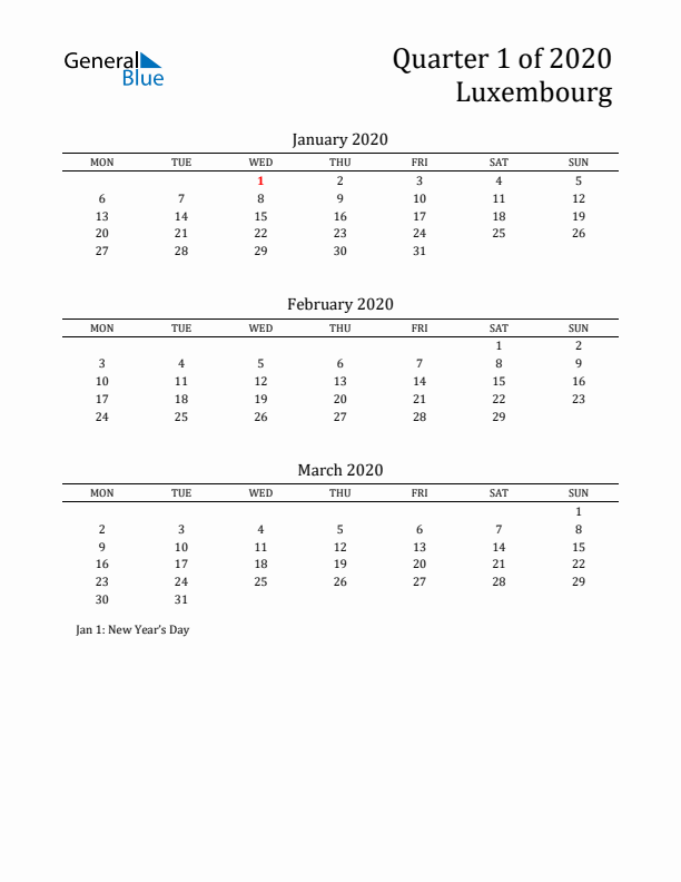 Quarter 1 2020 Luxembourg Quarterly Calendar