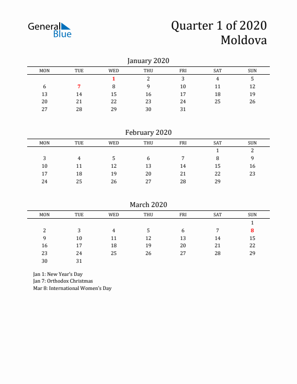 Quarter 1 2020 Moldova Quarterly Calendar