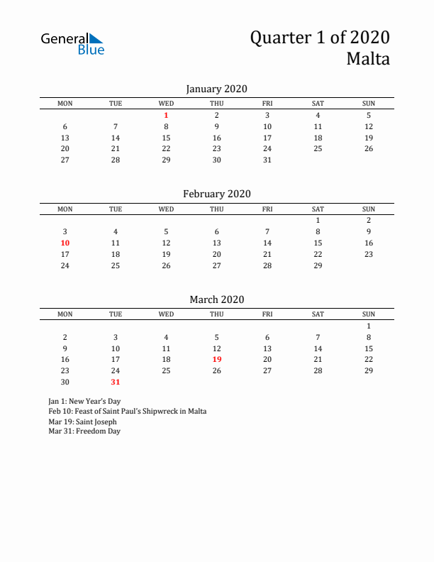 Quarter 1 2020 Malta Quarterly Calendar