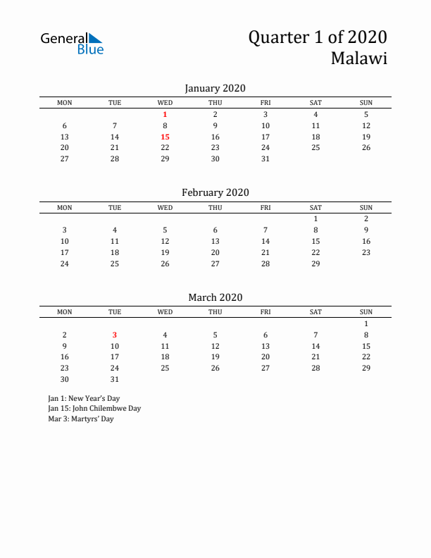 Quarter 1 2020 Malawi Quarterly Calendar