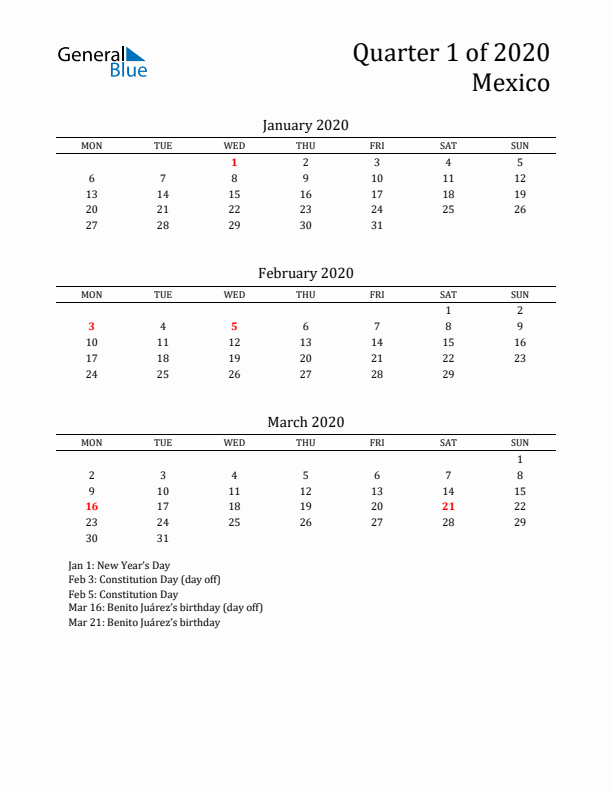 Quarter 1 2020 Mexico Quarterly Calendar