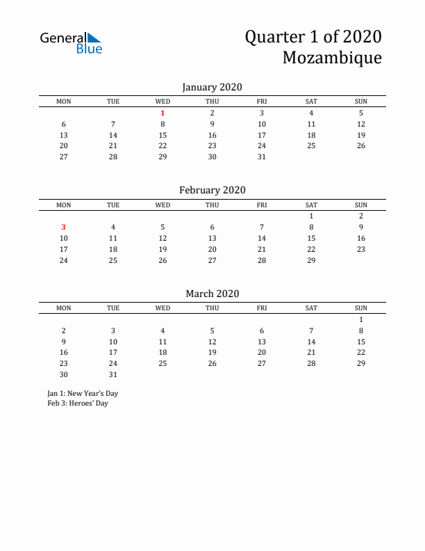 Quarter 1 2020 Mozambique Quarterly Calendar