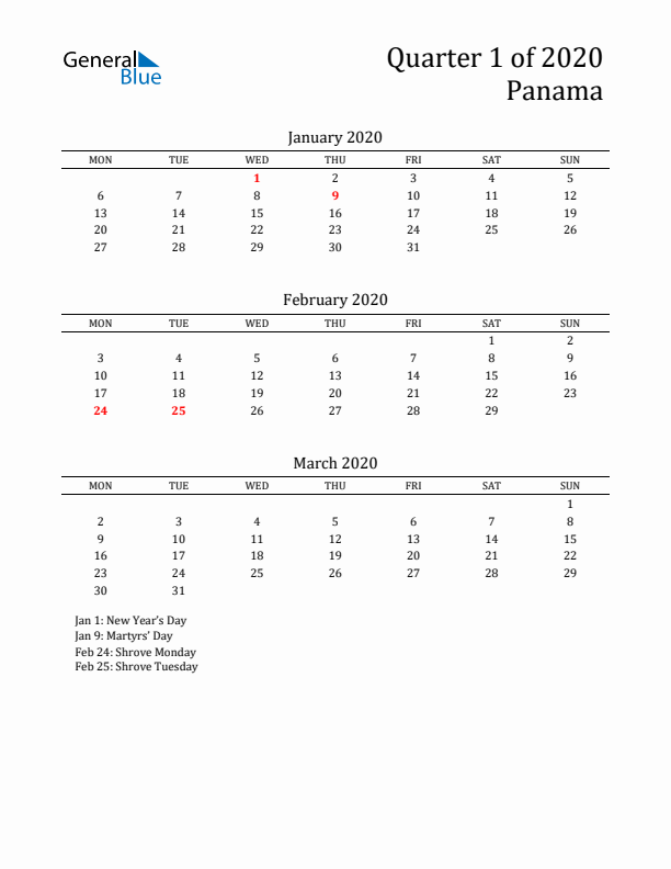 Quarter 1 2020 Panama Quarterly Calendar