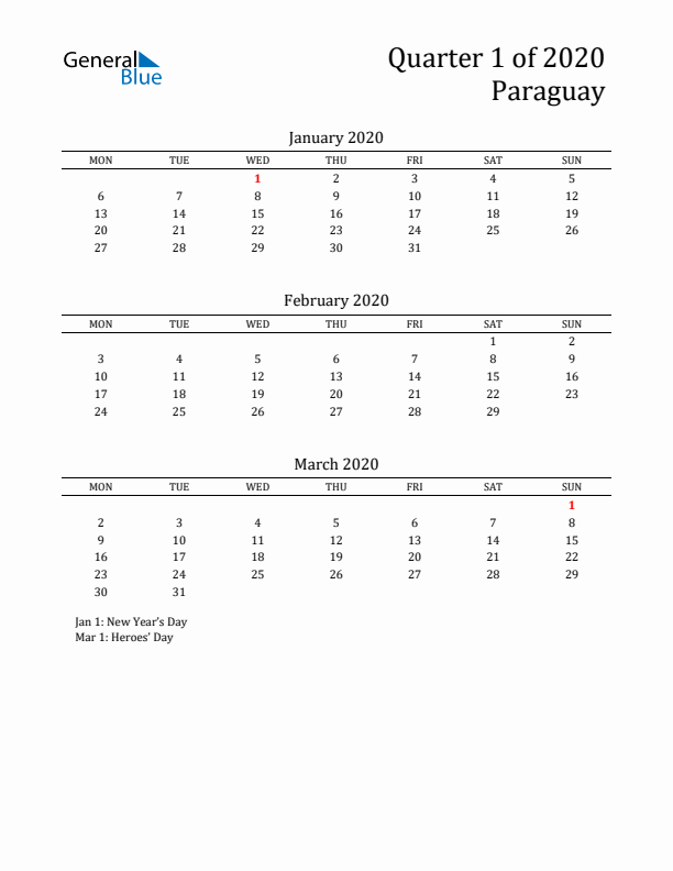 Quarter 1 2020 Paraguay Quarterly Calendar