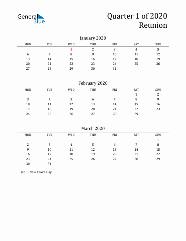 Quarter 1 2020 Reunion Quarterly Calendar