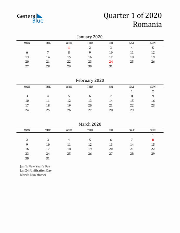 Quarter 1 2020 Romania Quarterly Calendar