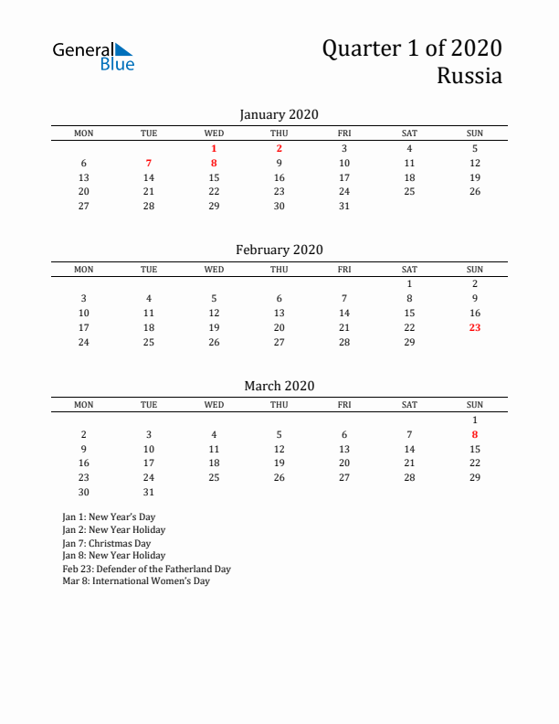 Quarter 1 2020 Russia Quarterly Calendar