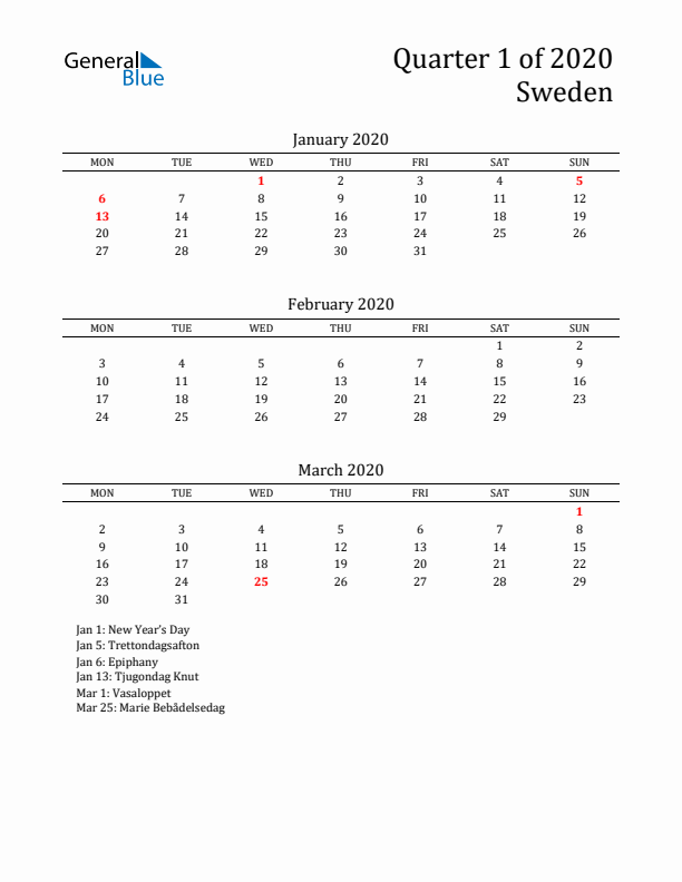 Quarter 1 2020 Sweden Quarterly Calendar