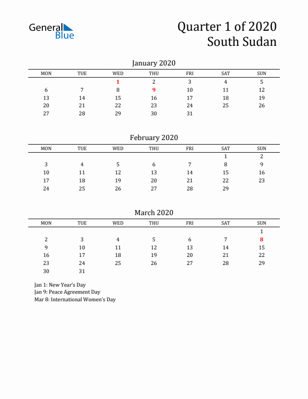 Quarter 1 2020 South Sudan Quarterly Calendar