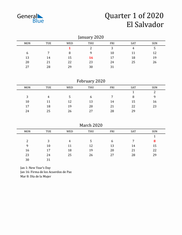 Quarter 1 2020 El Salvador Quarterly Calendar