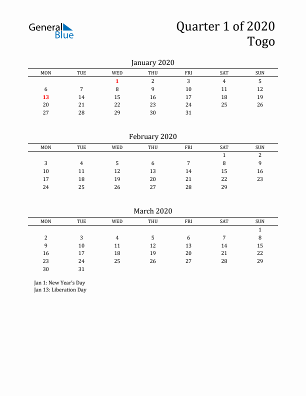 Quarter 1 2020 Togo Quarterly Calendar