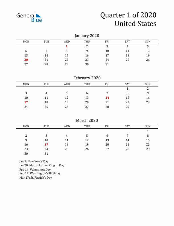 Quarter 1 2020 United States Quarterly Calendar