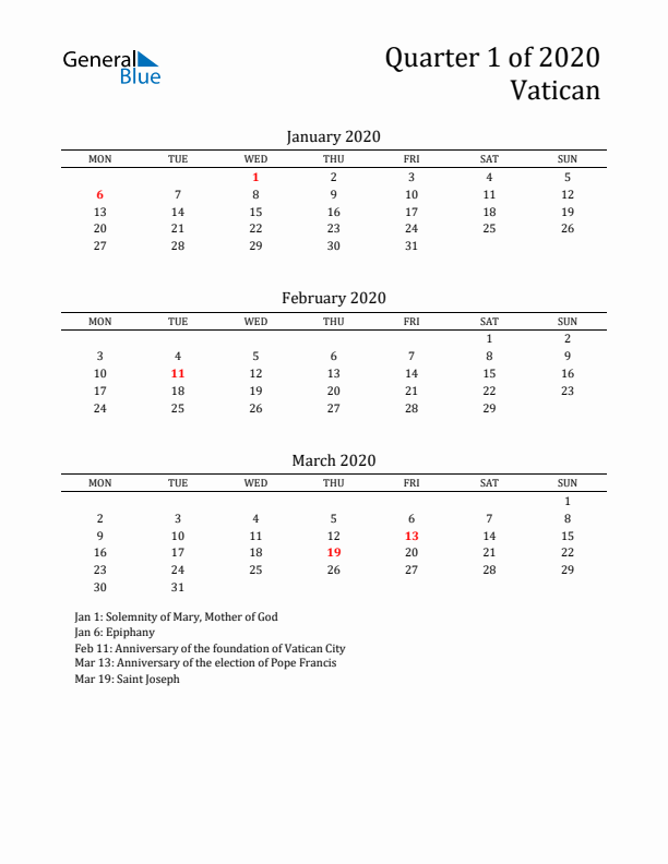 Quarter 1 2020 Vatican Quarterly Calendar