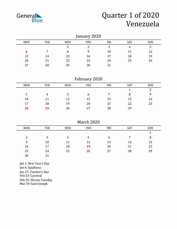 Quarter 1 2020 Venezuela Quarterly Calendar