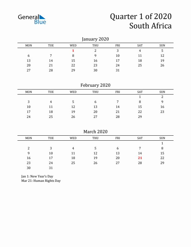 Quarter 1 2020 South Africa Quarterly Calendar