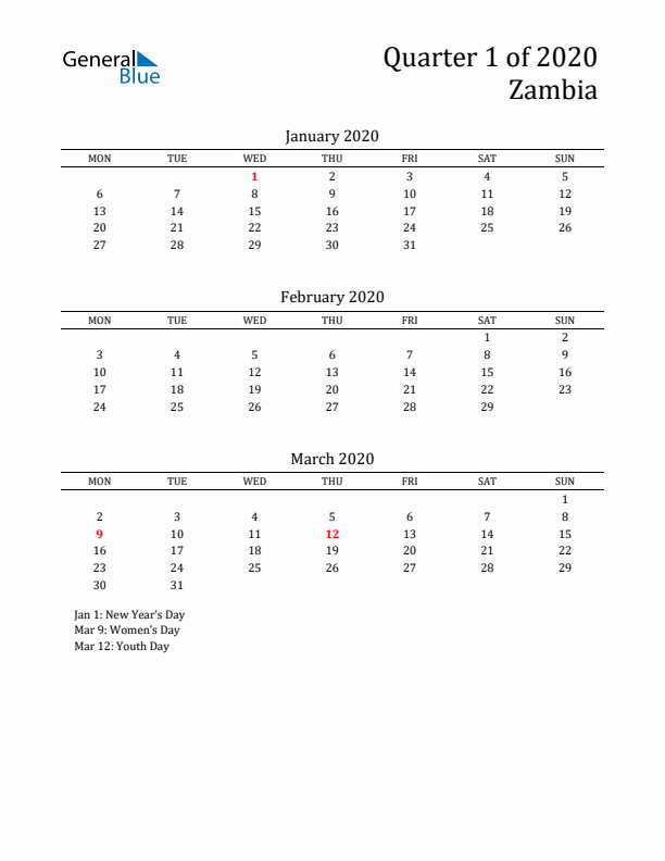 Quarter 1 2020 Zambia Quarterly Calendar