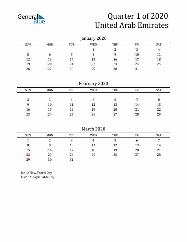 Quarter 1 2020 United Arab Emirates Quarterly Calendar