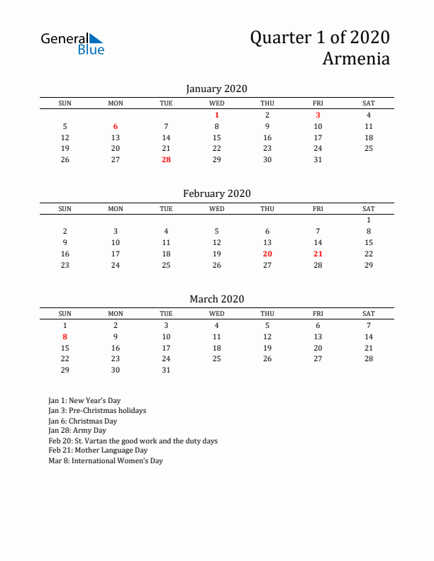 Quarter 1 2020 Armenia Quarterly Calendar