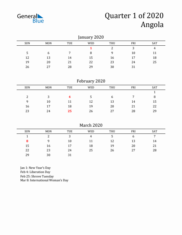 Quarter 1 2020 Angola Quarterly Calendar