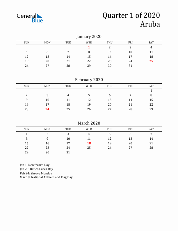 Quarter 1 2020 Aruba Quarterly Calendar