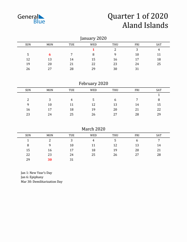 Quarter 1 2020 Aland Islands Quarterly Calendar