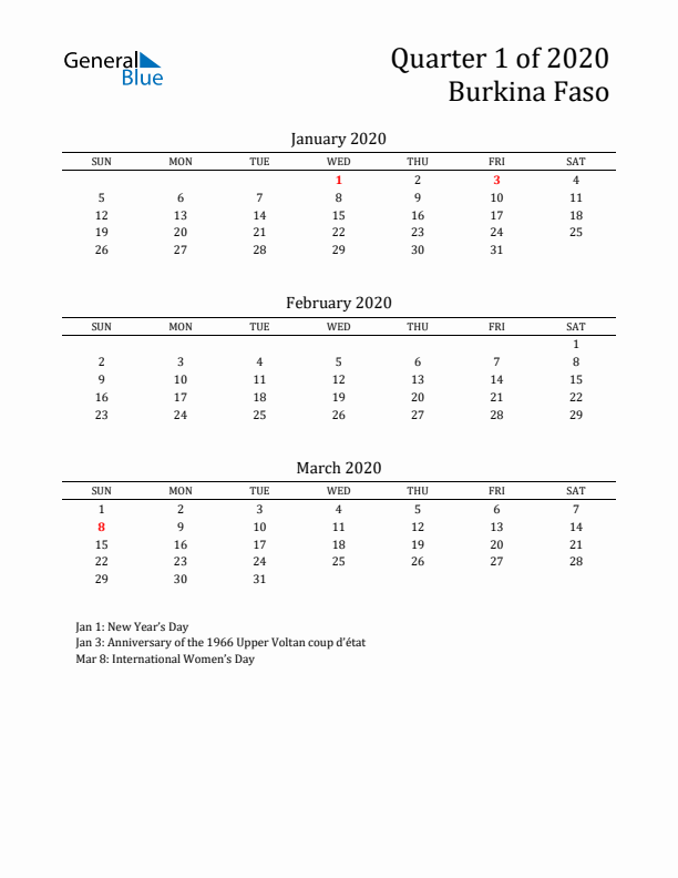 Quarter 1 2020 Burkina Faso Quarterly Calendar