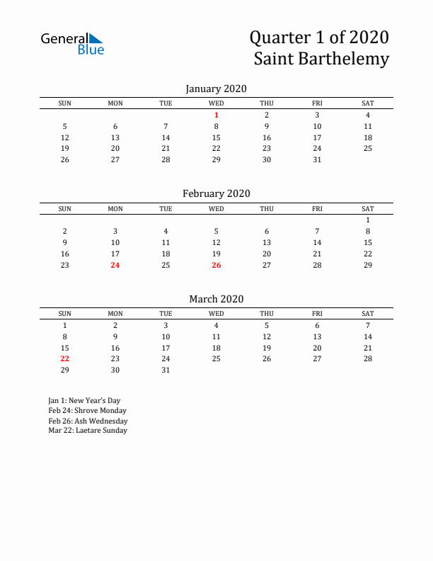 Quarter 1 2020 Saint Barthelemy Quarterly Calendar