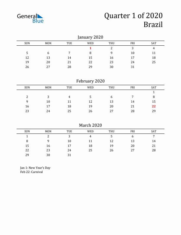 Quarter 1 2020 Brazil Quarterly Calendar