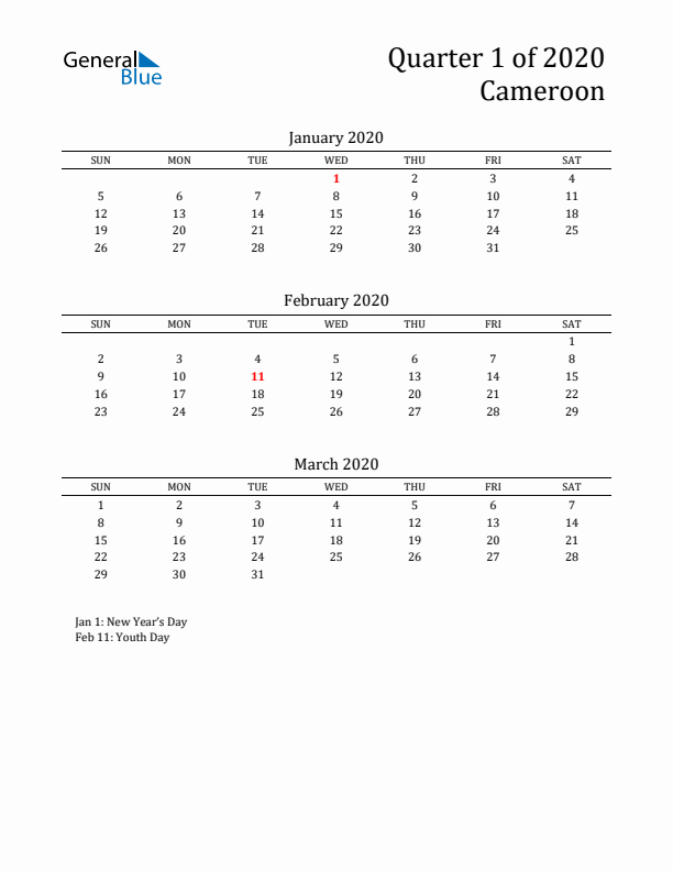 Quarter 1 2020 Cameroon Quarterly Calendar