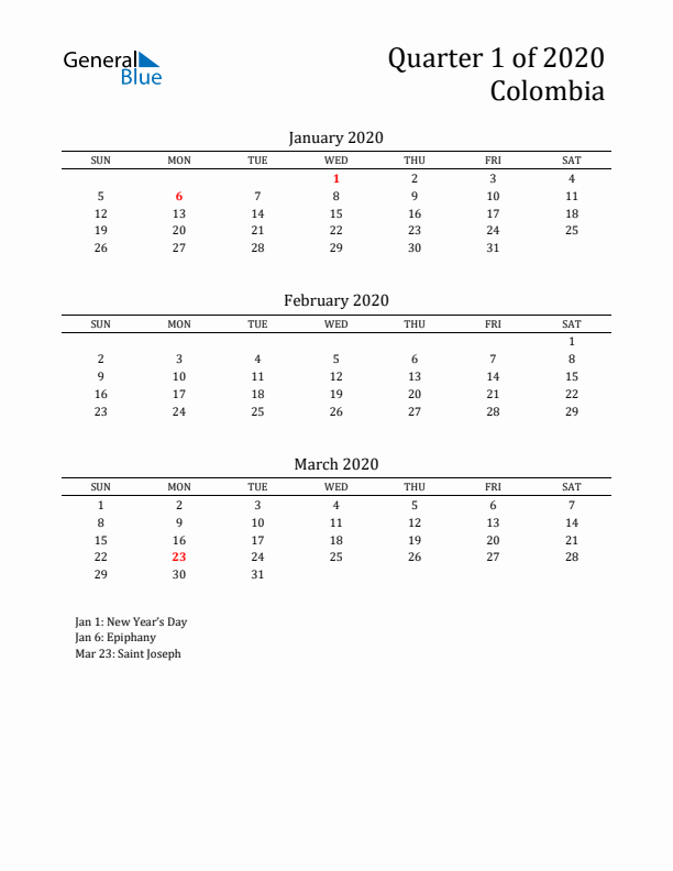 Quarter 1 2020 Colombia Quarterly Calendar