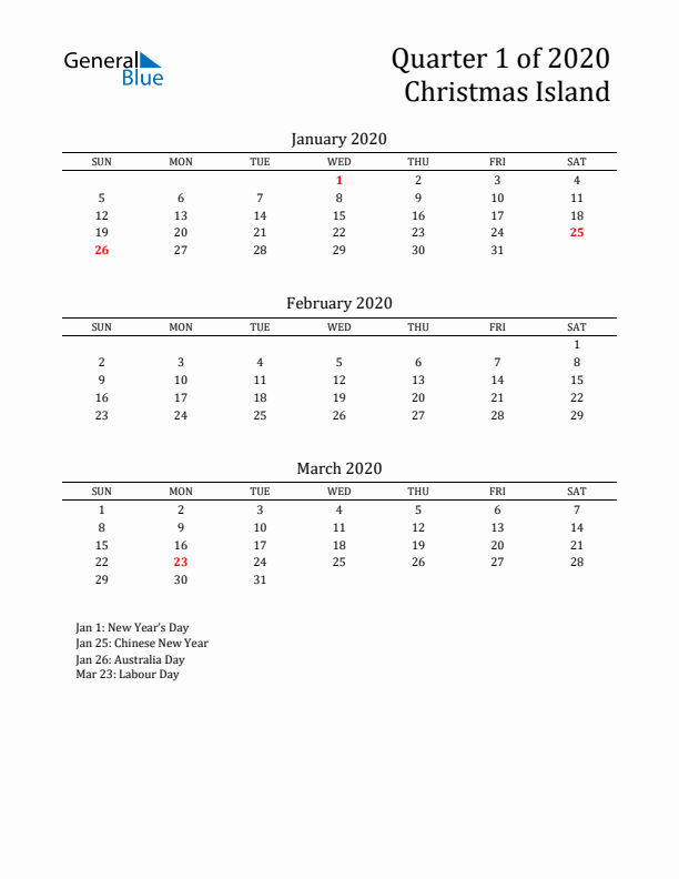 Quarter 1 2020 Christmas Island Quarterly Calendar